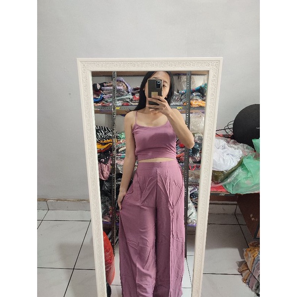 ONE SET KULOT PATTERN // SETELAN TANKTOP FLOWERY-Plum polos