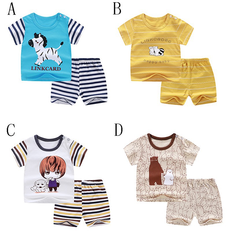 Set 2Pcs Kaos T Shirt Casual Gambar Kartun Garis Garis Dan
