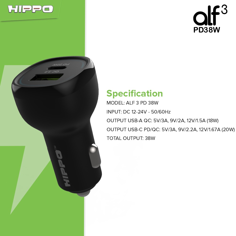 Hippo Car Charger ALF 3 PD 38W Power Delivery Fast Quick Charging 3.0 Casan Colokan Mobil Type C Android Iphone Micro Lightning QC Dual Port USB A USB C