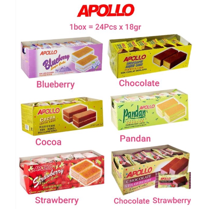 

Apollo Layer Cake 1Box 24PCS Chocolate, Pandan, Cocoa, Strawberry, Blueberry, Chocolate Strawberry Impor Malaysia