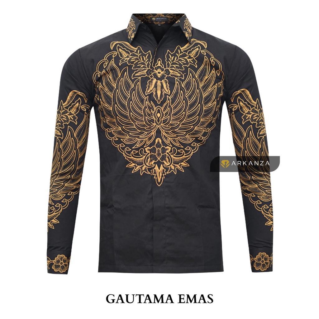 BATIK ARKANZA Motif GAUTAMA EMAS Hem Atasan Kemeja Baju Batik Pria Cowok Produsen Slimfit Full Lapis Furing Lengan Panjang Lengan Pendek Original Asli