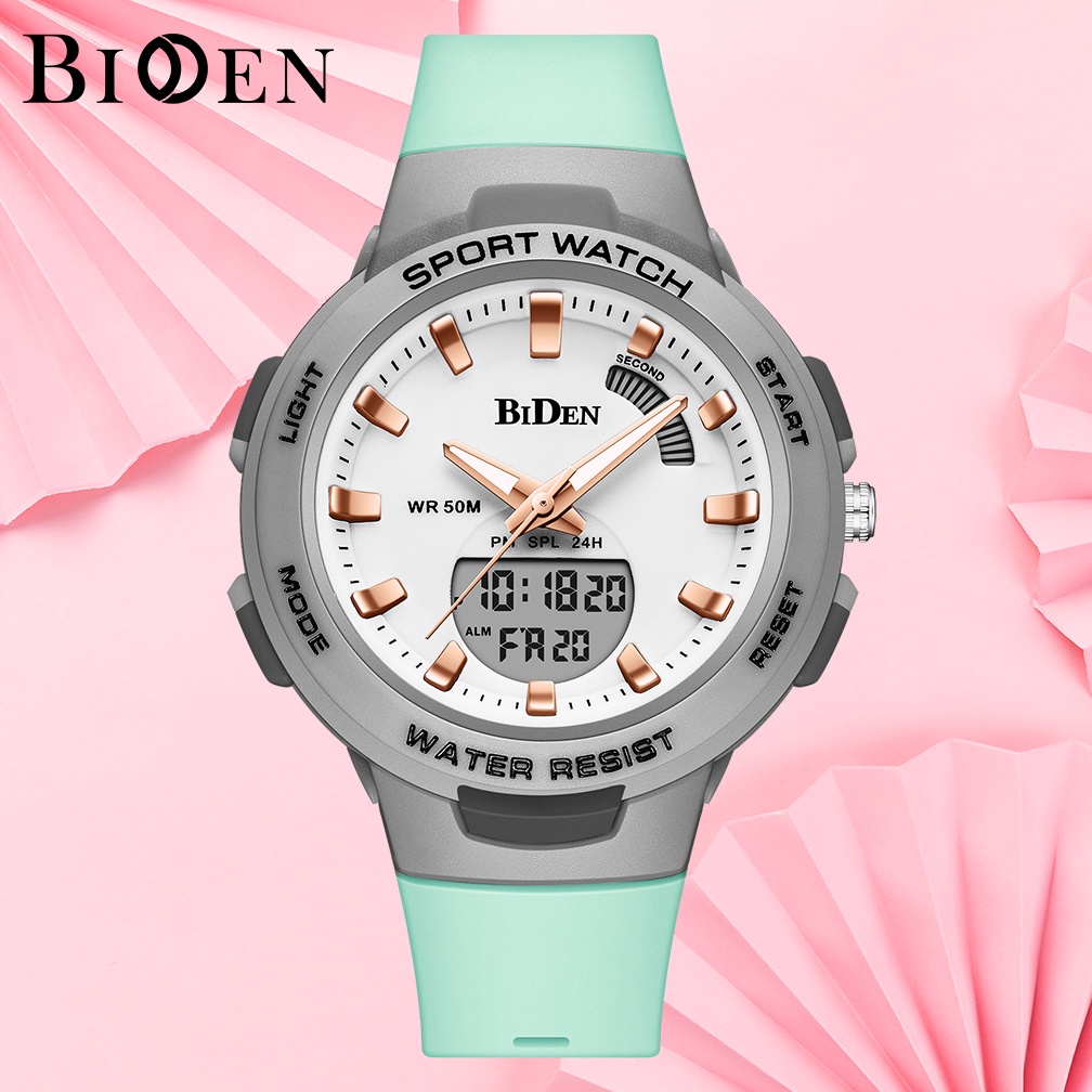 BIDEN Jam Tangan Wanita Santai Olahraga Korea Style Digital Tahan Air Tali Silikon Jam Tangan Cewek-Green