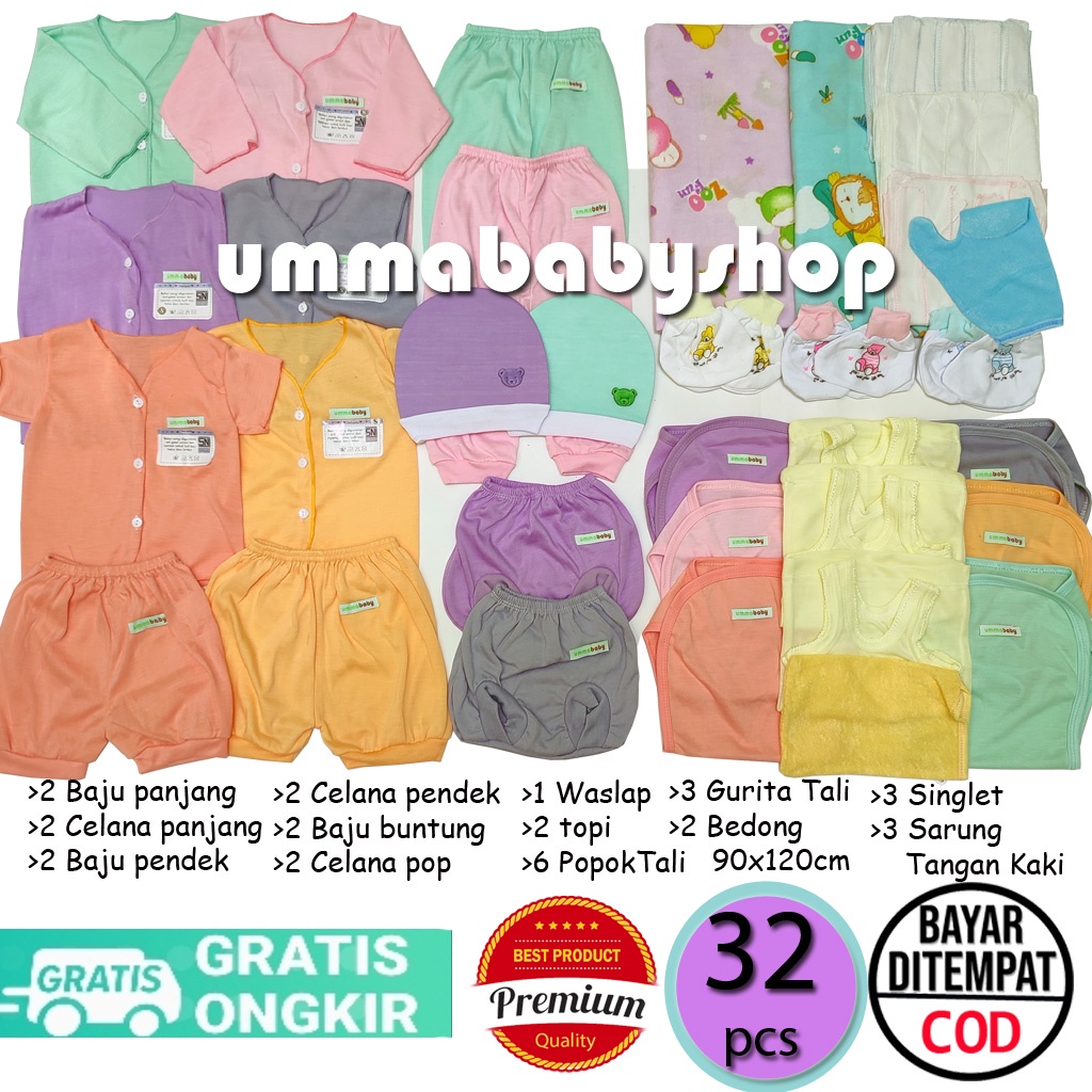 32 Pcs Paket Perlengkapan Bayi Baru Lahir Celana Baju Kado Setelan Anak Newborn Baby Gift Set Girl Boy Baju Bayi Perempuan Baju Bayi Laki Paket Hemat Baju Bayi Polos