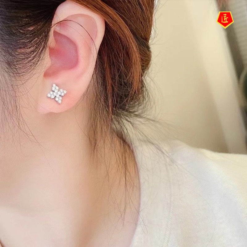 [Ready Stock]Fashionable Simple Pt950 Four-Leaf Flower Stud Earrings