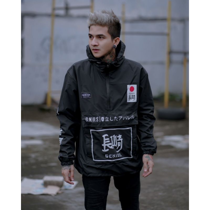 Jaket pria Cagoule Genius - Jaket Cagoule gnus motif - Jacket waterproof parasut genius kantong Dora