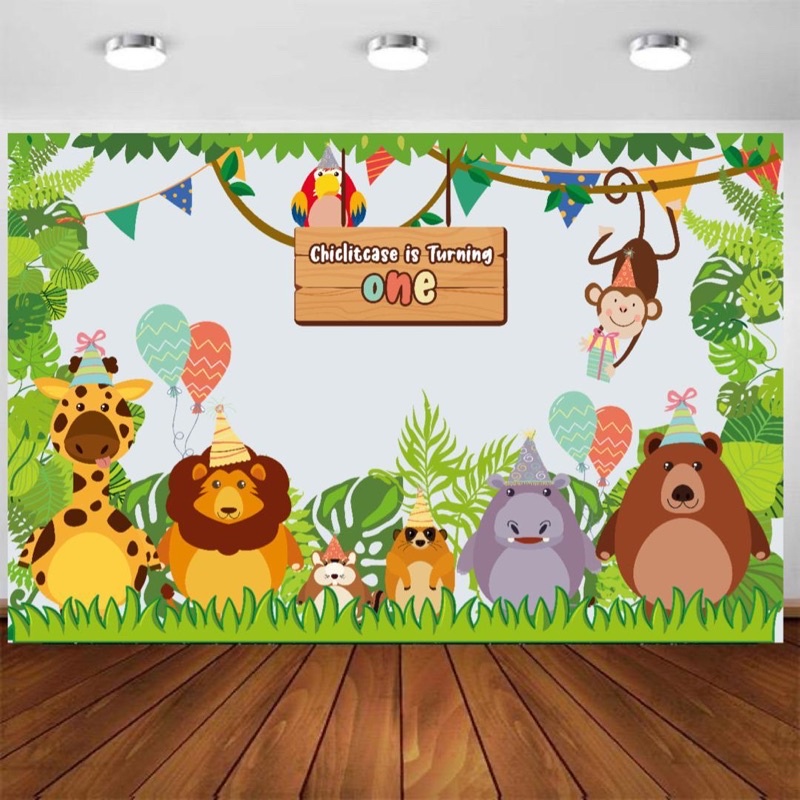 Custom backdrop birthday banner ultah spanduk zoo safari animal