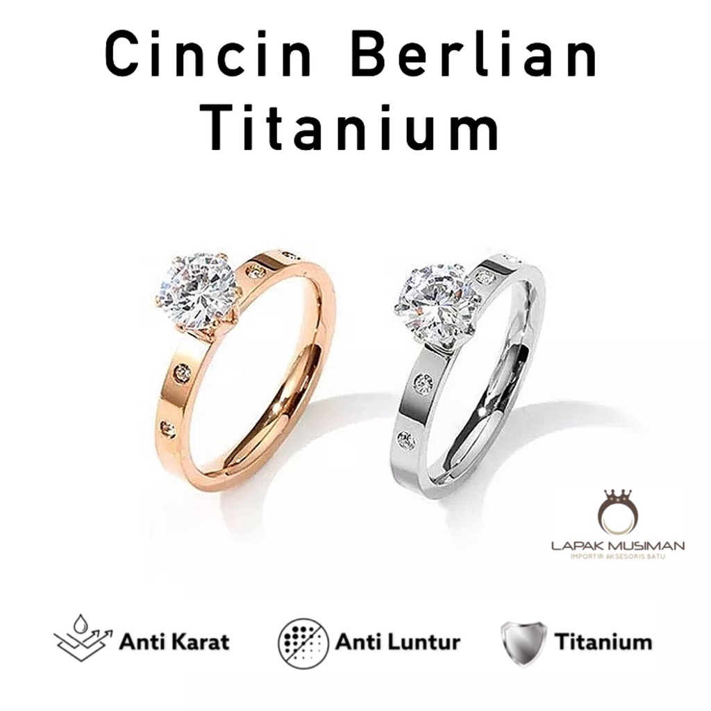 [Bayar di Tempat] Cincin Titanium Wanita Batu Berlian American Diamond Gold Silver