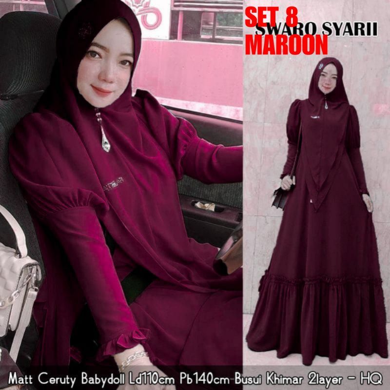 SWARO SETELAN GAMIS SYAR'I SET KHIMAR  WANITA 2 LAYER CERUTY BEBYDOLL ORIGINAL FULL FURING