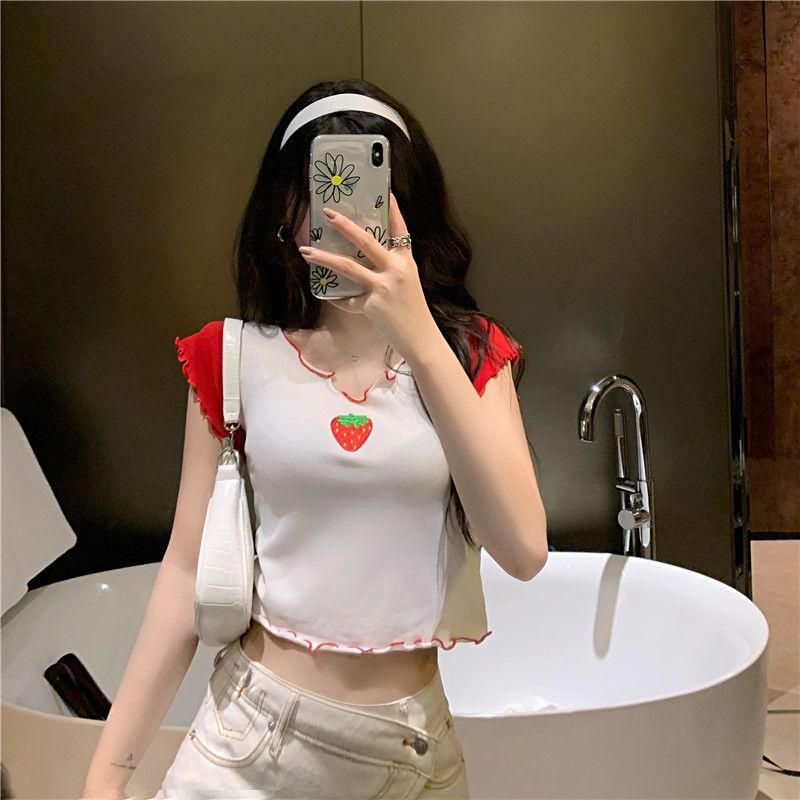 Kecil V-neck T-shirt chic perempuan musim panas pakaian luar bersih merah mschf Hong Kong rasa lengan pendek paragraf pendek Hyun Ya angin strawberry top