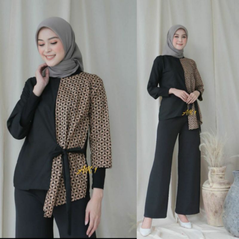 tey-17 Batik wanita ASJ SA HRB026 Kenongo Kemeja Tosca Pendek-Hitam bintang
