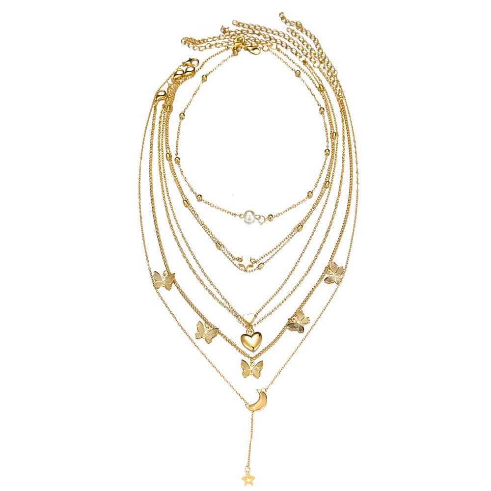 YEEZII Korean Fashion Pearl Butterfly Star Pendant Necklace Moon Heart Multilayer Gold Choker Women Accessories Gift