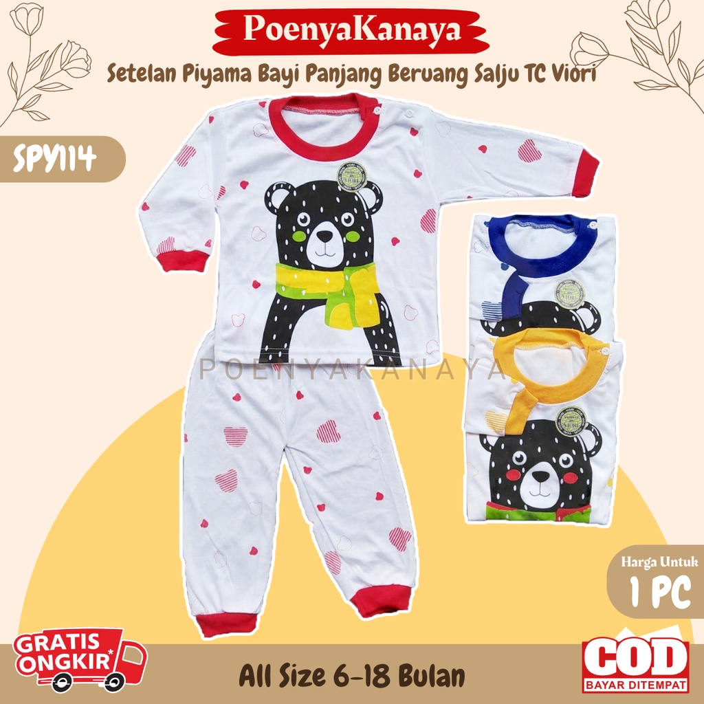 Setelan Baju Bayi Piyama Bayi Panjang BERUANG SALJU TC DASAR PUTIH Viori Size 6 - 18 Bulan SPY114