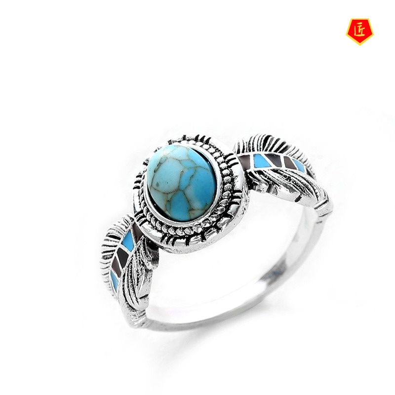 [Ready Stock]Luxury Inlaid Turquoise Feather Silver Ring