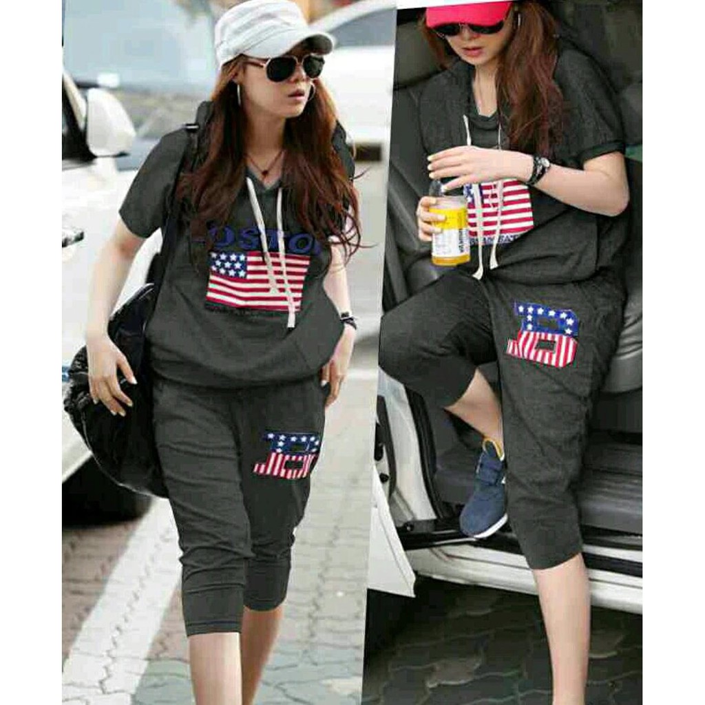 B7 SET BOSTON G SETELAN SPROT WANITA ATASAN KAOS DAN SELANA 3 PER 4 BAGUS MURAH BERS SELLER TERLARIS