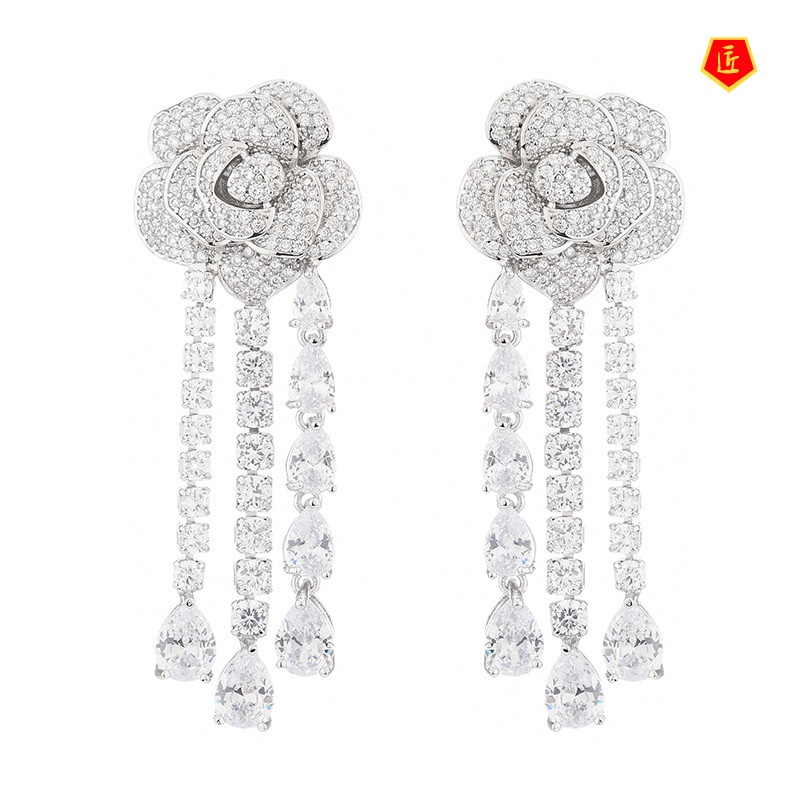 [Ready Stock]Long Camellia Tassel Earrings Fashion