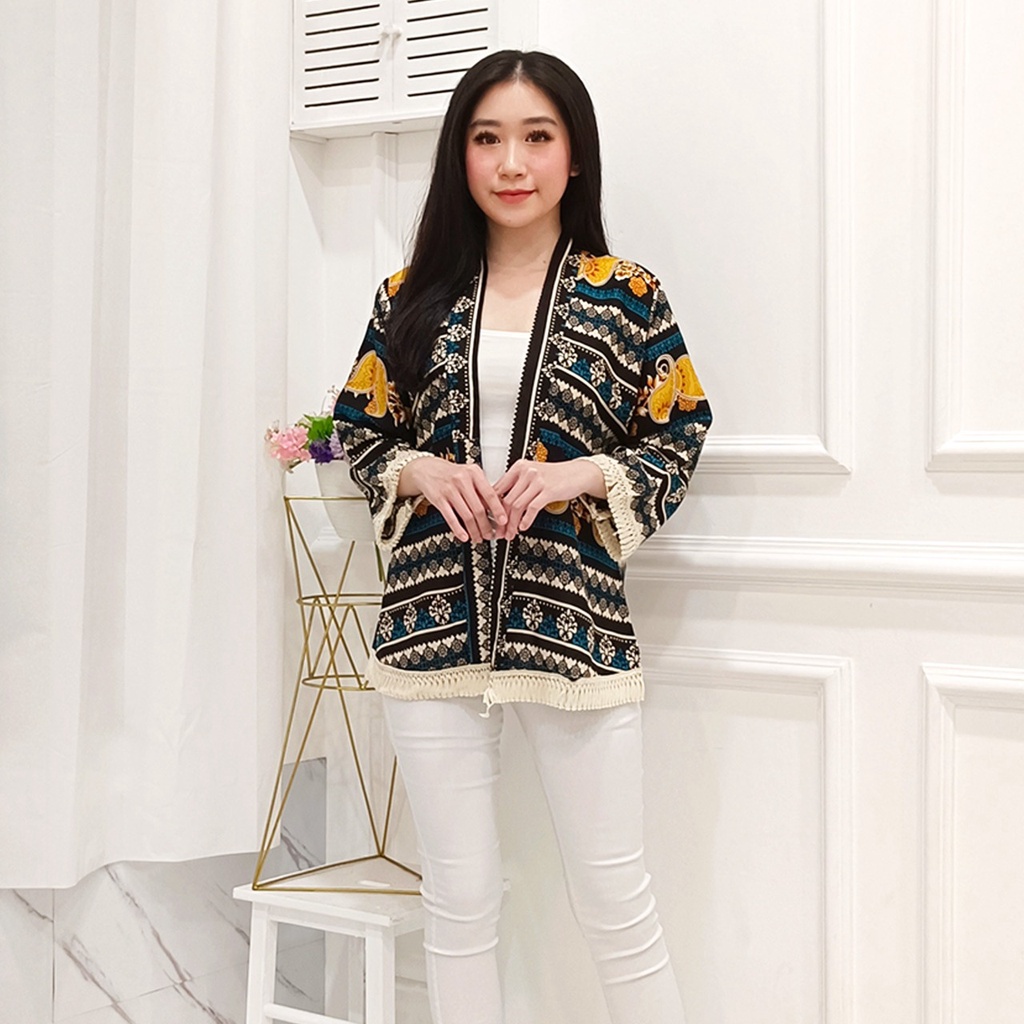 𝑱𝒂𝒌𝒂𝒓𝒕𝒂𝑭𝒂𝒔𝒉𝒊𝒐𝒏 kardigan katun motif renda rumbai cream motif etnic cardigan bohemian tribal adem