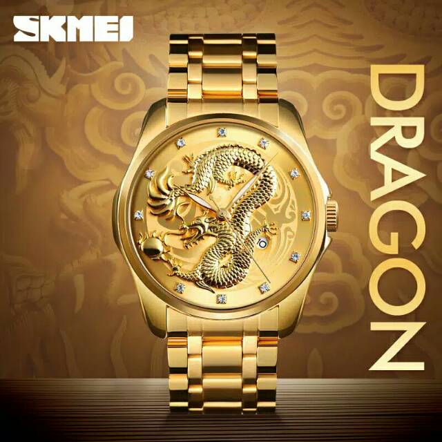 Jam Tangan Pria SKMEI 9193 Business Luxury Embossed Gold Dragon Stainless Steel