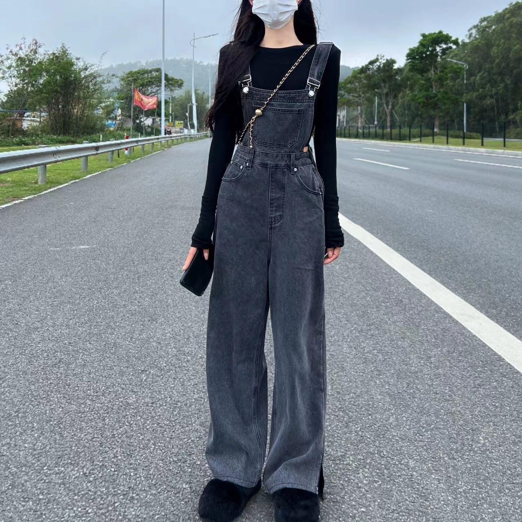 Overall denim retro abu-abu untuk wanita 2022 musim semi dan musim panas celana pel lurus ramping pi