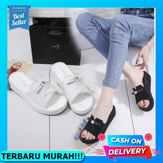 Sandal Wedges Pesta Big Size Import Buat Kondangan Dewasa Hak Tinggi S6D8 Putih Murah Tali Belakang 