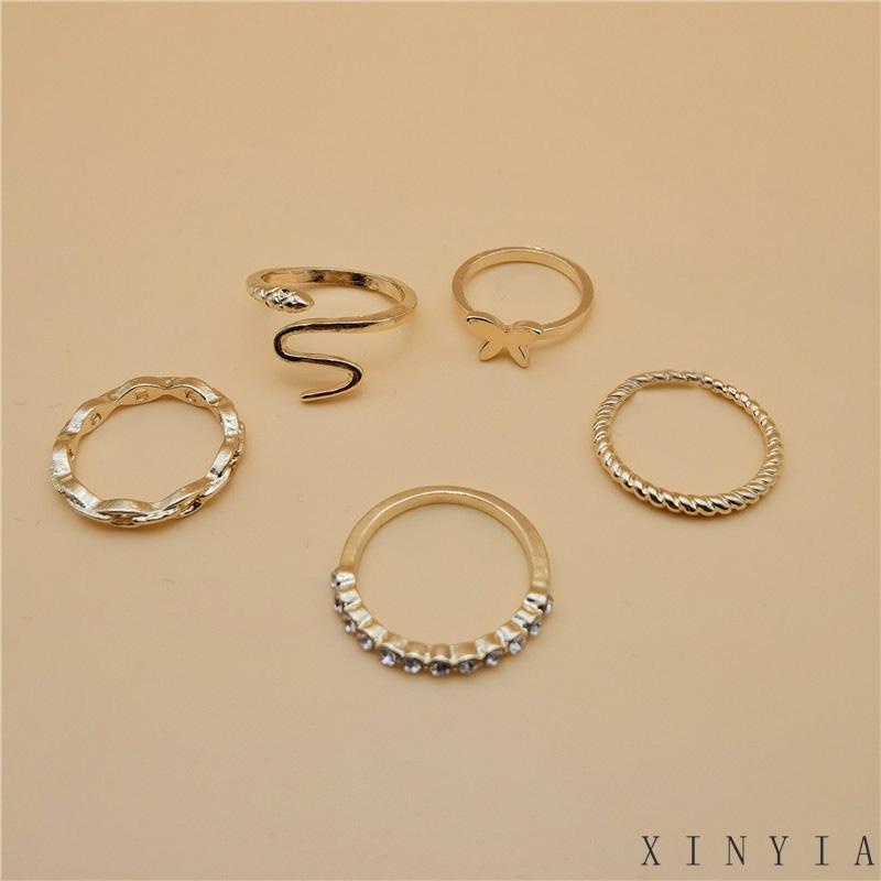 【Bayar di tempat】CIncin Fashion Wanita 5in1 Butterfly / Cincin KUpu kupu 5 pcs / Cincin TUmpuk Wanita Fashionable
