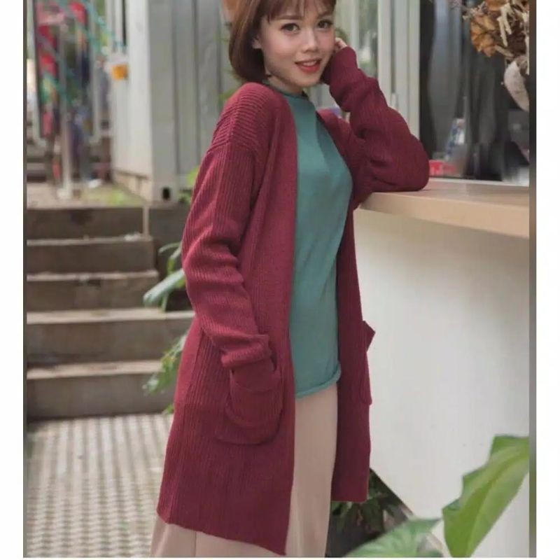 Cardigan panjang rajut dua saku all size-Maroon