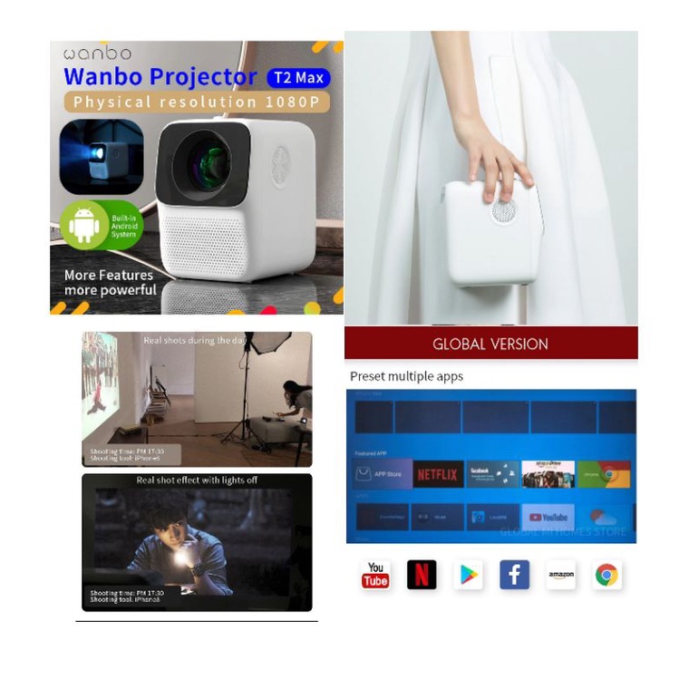 Wanbo T2 Max Proyektor Mini Portable Android 1080P 5000 Lumens - White