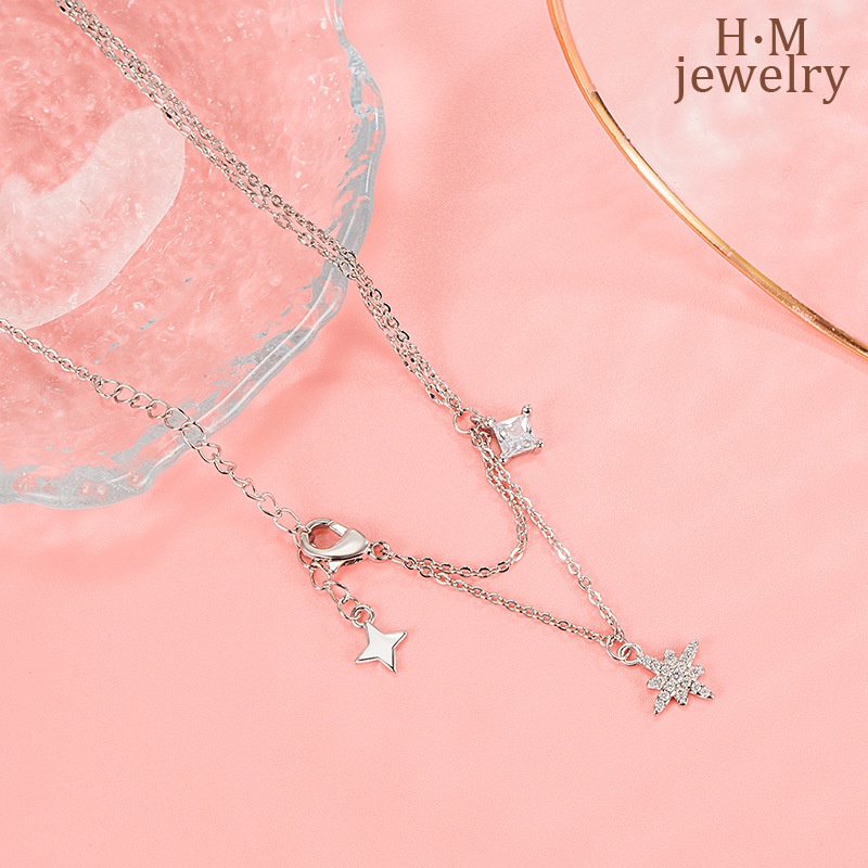 2022 Kalung Rantai Clavicle Simple Dua Lapis Dengan Liontin Bintang + Berlian Imitasi Untuk Wanita