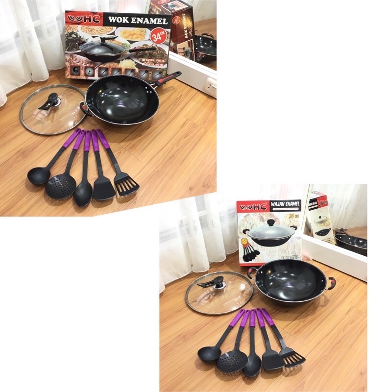 26 HC WAJAN ENAMEL 34 cm + TUTUP KACA GRATIS 5 PCS SPATULA
