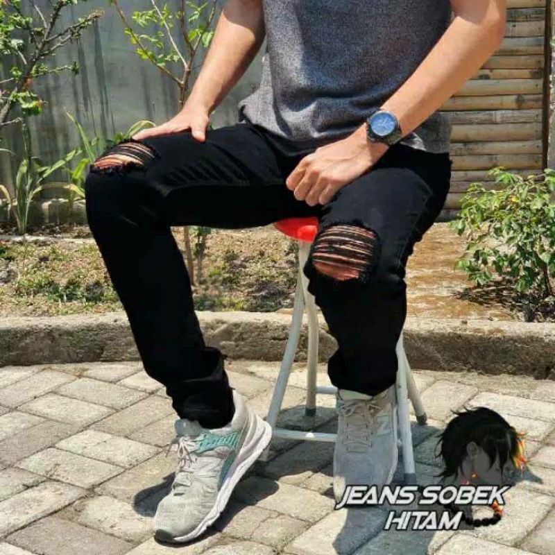 Celana panjang jeans pria sobek lutut skiny slimfit