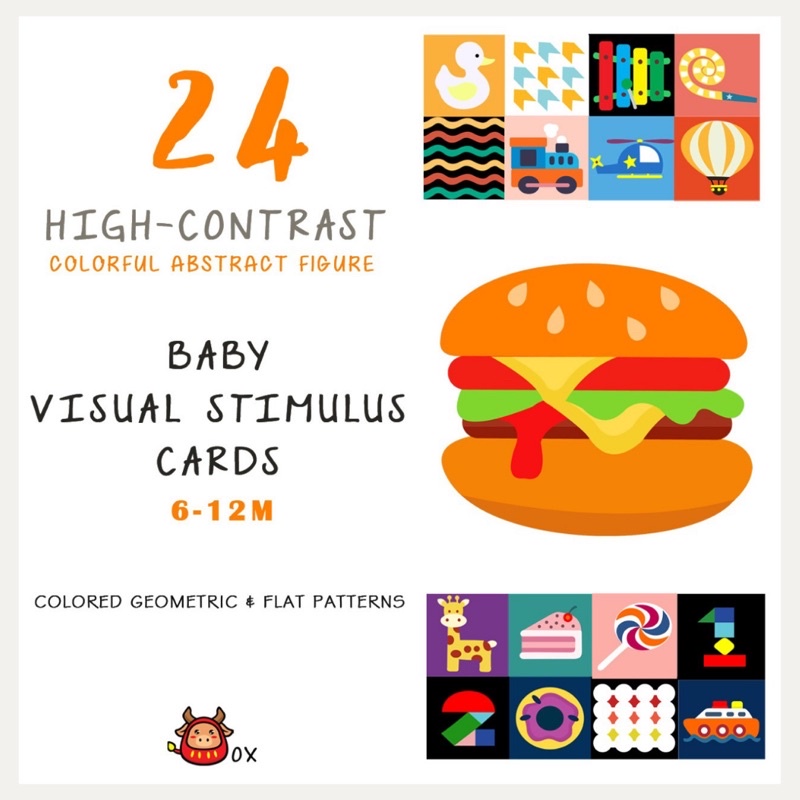 Flash Card Bayi Balita 6 - 12 months High Contrast Colorful Abstract Figure Kartu Belajar Bayi.