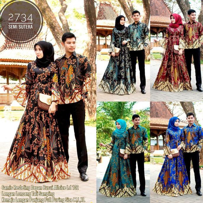 Batik Couple Gamis Semi Sutra Kemeja Lengan Panjang 2734