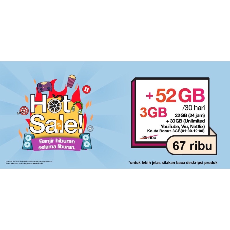PAKET TRI 3 22GB 52GB UNLIMITED YOUTUBE 30HARI 24JAM