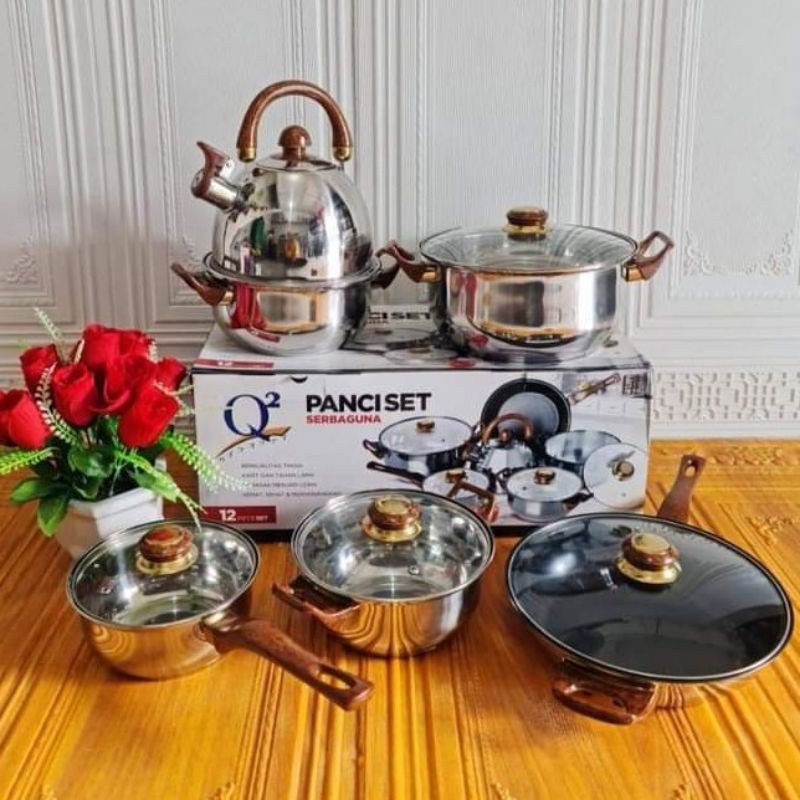 Promo Panci Set Stainless Steel 12 Pcs Dengan Teko Stainless Q2-8212 Q-original