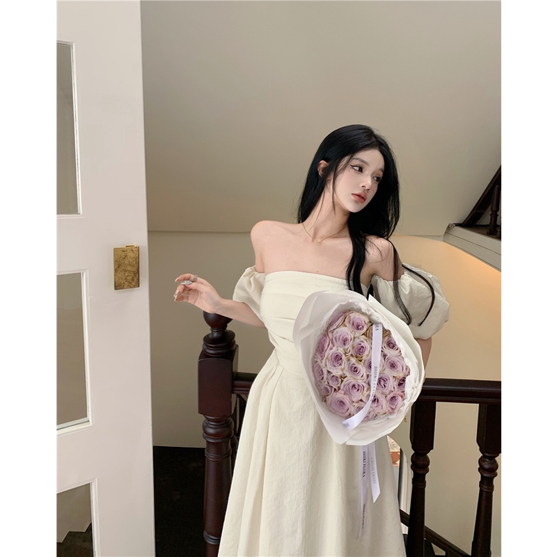 Suhao French one-shoulder tube top dress wanita musim panas Hepburn gaya lengan pendek high-end ping