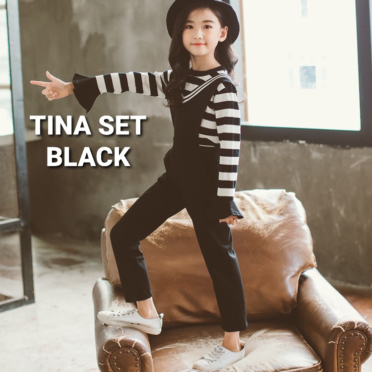 TINA SET BLACK / BAJU SETELAN ANAK KOREA IMPOR / OVERALL ANAK / SET CELANA PANJANG ANAK PEREMPUAN