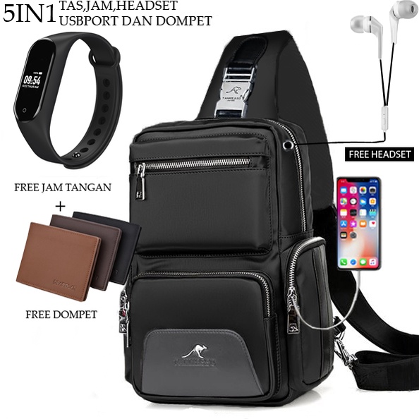 TANMESSO 5IN1 BAYAR DITEMPAT-BONUS JAM LED,DOMPET &amp; USBPORT&amp;HEADSET-tas selempang waterproof