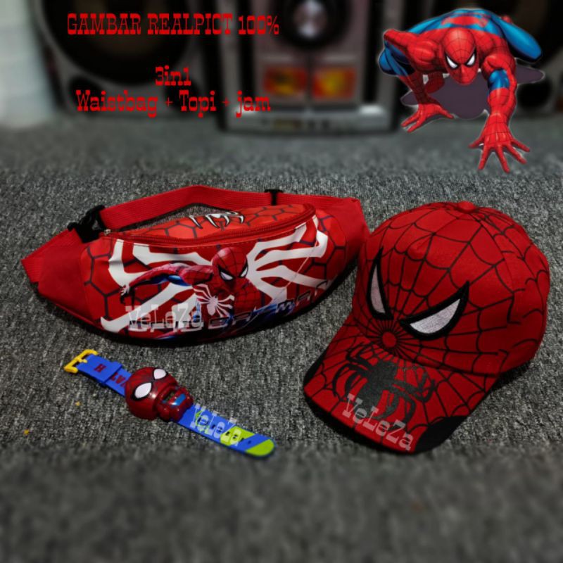 Waistbag anak karakter spiderman 3in1 - Waist bag + topi + jam