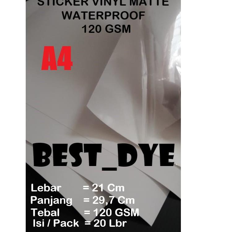 

♖ Sticker Vinyl MATTE Inkjet WATERPROOF 120 GSM , A4= 21 x 29,7 CM @ 20 Lembar た