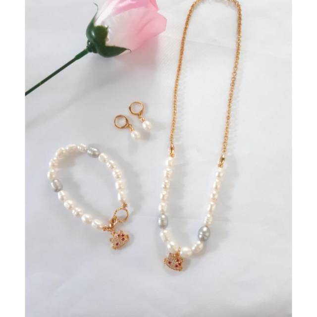 SET PERHIASAN Anak cantik Mutiara Oval Lombok Gelang Kalung Anting Anak Mutiara Alami anak cewek