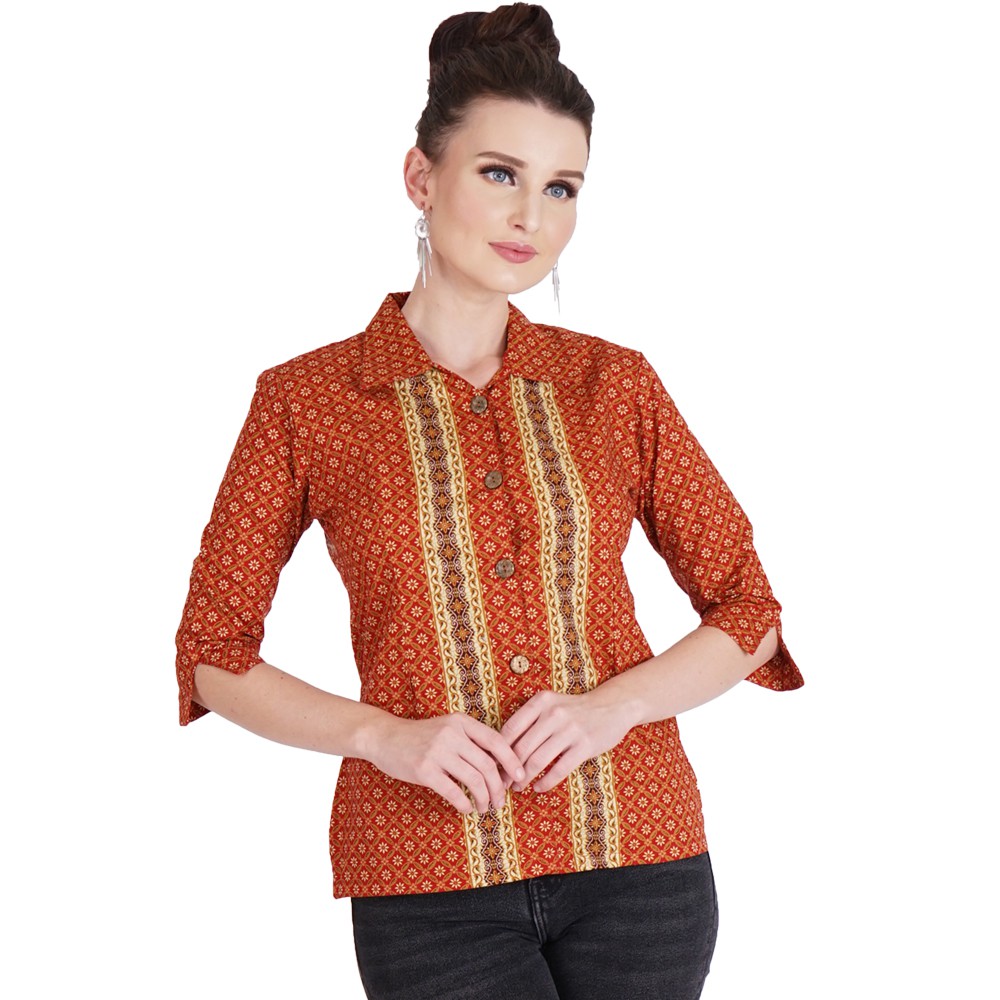 Blouse Atasan Batik Kerja Wanita Rianty Puspa Red | Shopee Indonesia