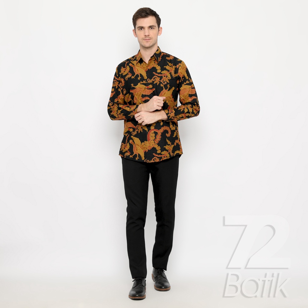 BATIK PRIA LENGAN PANJANG Kemeja Hem Slimfit Premium Motif Burung Warna Hitam Kuning 721089 CAP 72 - Baju Kemeja Atasan Pakaian Setelan Batik Pria Cowok Laki Laki Remaja Keluarga Kantor Lengan Panjang Modern Slimfit Slim Fit Premium Kekinian