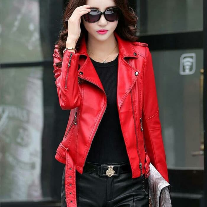 NEW MT JAKET KULIT SINTETIS WANITA MERAH JAKET SEMI KULIT WANITA MERAH