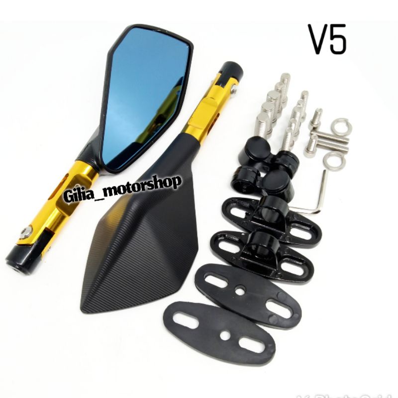 Spion Tomok V5 Kaca besar CNC Mirror Biru Universal Motor