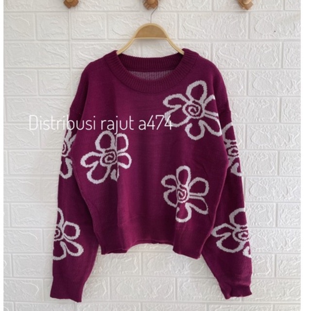 Bella knits  Blouse Atasan Rajut Premium Wanita motif bunga rajut Korea