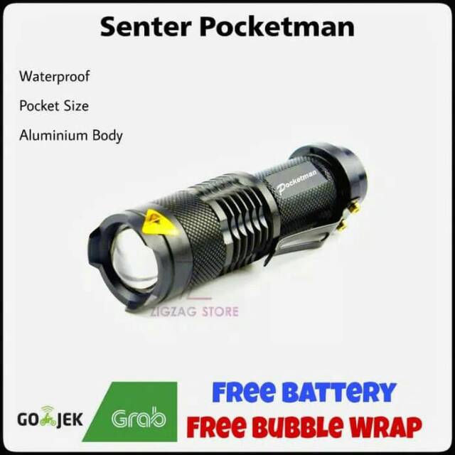 Pocketman senter LED flashlight 2000 lumens waterproof - dengan baterai