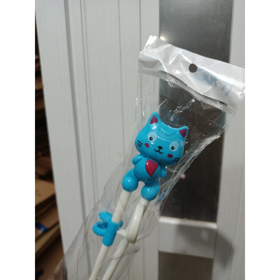 H 700 Sumpit Anak Karakter / Sumpit Anak Belajar Makan Model Kartun motif kucing Lolipop Animal Donat unik korea-Cat Blue