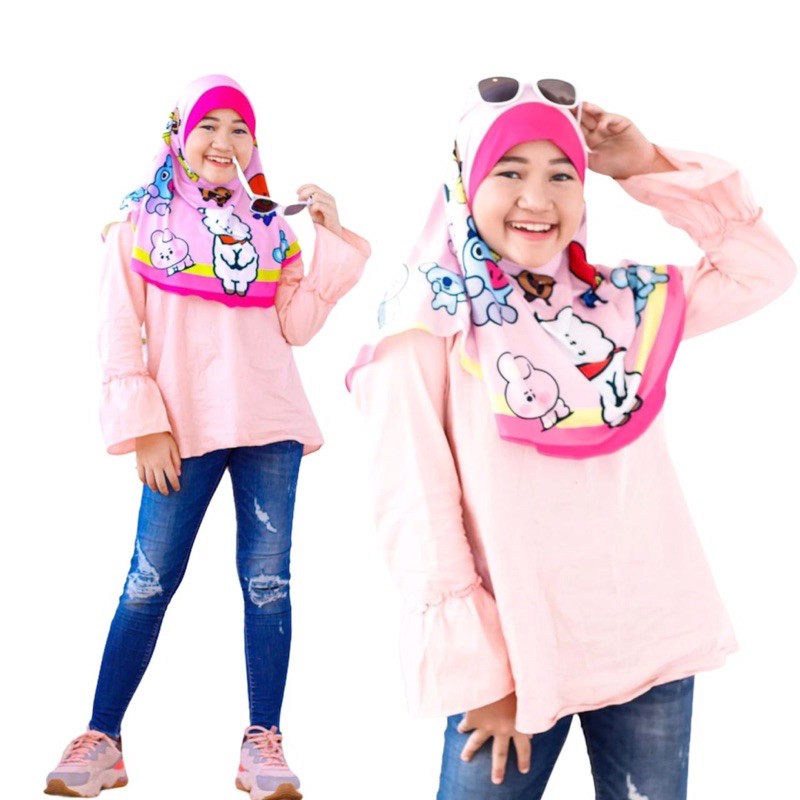 BERGO HIJAB INSTANT PRINTING ANAK MOTIF BT21 / HIJAB ANAK LUCU KARAKTER / JILBAB ANAK KEKINIAN