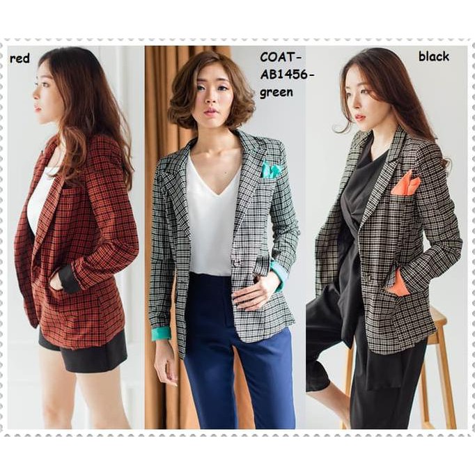 Outer Blazer Coat Jaket Kantor Tartan Kotak Baju Wanita Korea Import Deevagrosir.Olshop
