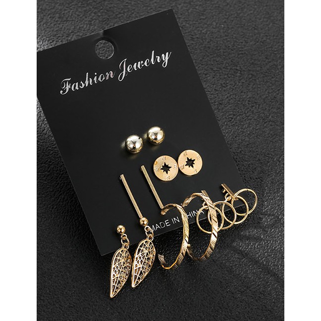 LRC Anting Tusuk Fashion Gold Leaf Ring Earrings 6 Pairs F84454