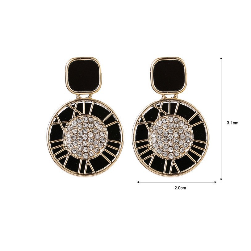 LRC Anting Tusuk Fashion Round Black Roman Numeral Diamond Drop Oil Geometric Round Earrings K34425